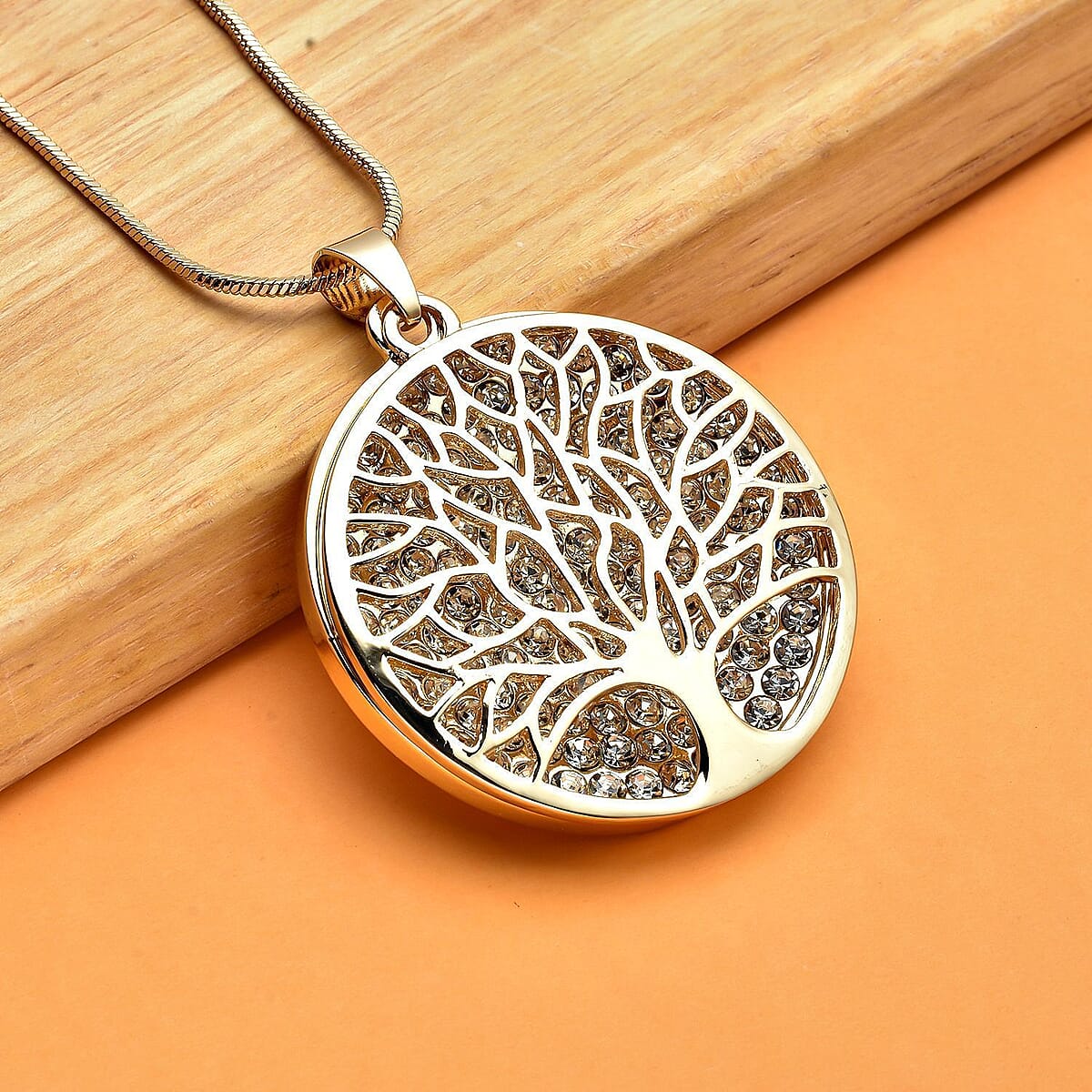 Austrian Crystal Tree of Life Pendant Necklace 29 Inches in Goldtone image number 1