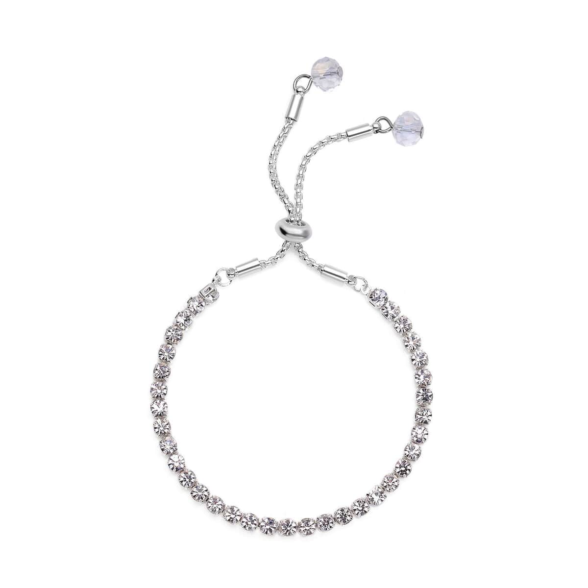 White Austrian Crystal and Glass Beaded Tennis Bracelet (6-9In) and Necklace 18-26 Inches in Silvertone image number 5