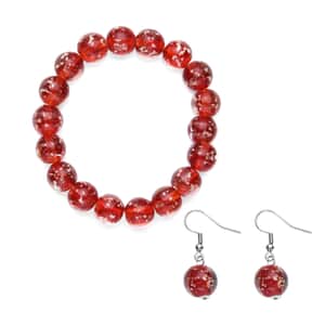 Ankur Treasure Chest Red Color Glow Murano Style, White Glass Beaded Stretch Bracelet and Dangle Earrings in Stainless Steel