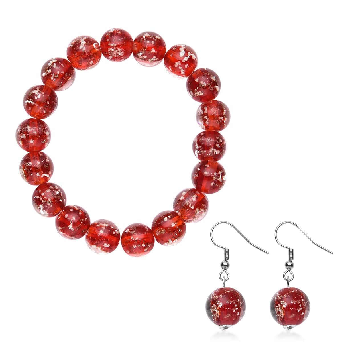 Ankur Treasure Chest Red Color Glow Murano Style, White Glass Beaded Stretch Bracelet and Dangle Earrings in Stainless Steel image number 0