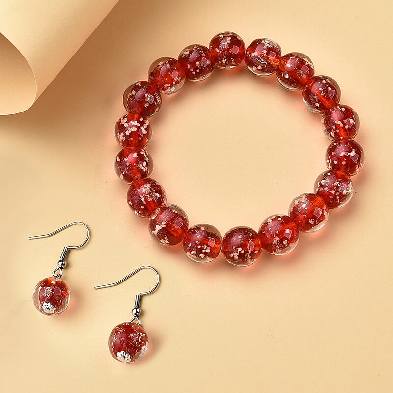 Ankur Treasure Chest Red Color Glow Murano Style, White Glass Beaded Stretch Bracelet and Dangle Earrings in Stainless Steel