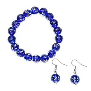 Ankur Treasure Chest Blue Color Glow Murano Style, White Glass Beaded Stretch Bracelet and Dangle Earrings in Stainless Steel | Tarnish-Free, Waterproof, Sweat Proof Jewelry