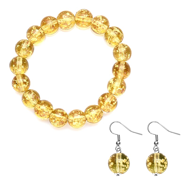 Ankur Treasure Chest Champagne Color Glow Murano Style, White Glass Beaded Stretch Bracelet and Dangle Earrings in Stainless Steel , Tarnish-Free, Waterproof, Sweat Proof Jewelry