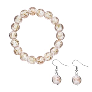 Ankur Treasure Chest White Color Glow Murano Style, White Glass Beaded Stretch Bracelet and Dangle Earrings in Stainless Steel