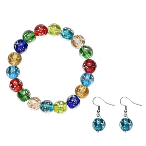 Ankur Treasure Chest Multi Color Glow Murano Style, White Glass Beaded Stretch Bracelet and Dangle Earrings in Stainless Steel