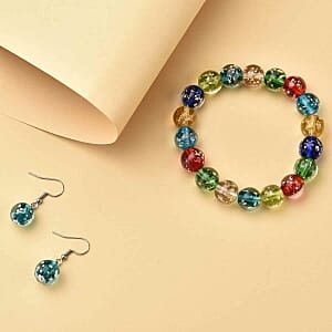 Multi Color Glow Murano Style, White Glass Beaded Stretch Bracelet and Dangle Earrings in Stainless Steel