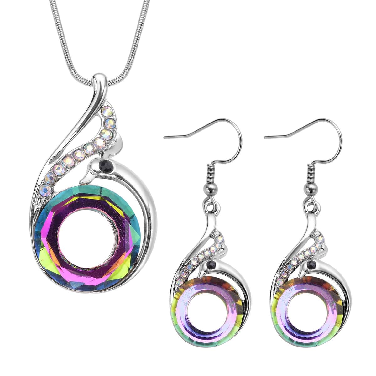 Simulated Purple Mystic Color Glass and Multi Color Austrian Crystal Peacock Earrings and Pendant Necklace 20-22 Inches in Silvertone image number 0