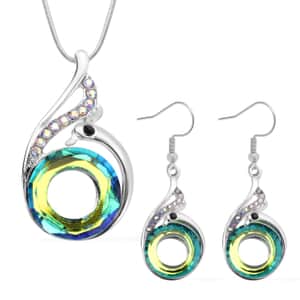 Simulated Green Mystic Color Glass and Multi Color Crystal Peacock Earrings and Pendant Necklace 20-22 Inches in Silvertone