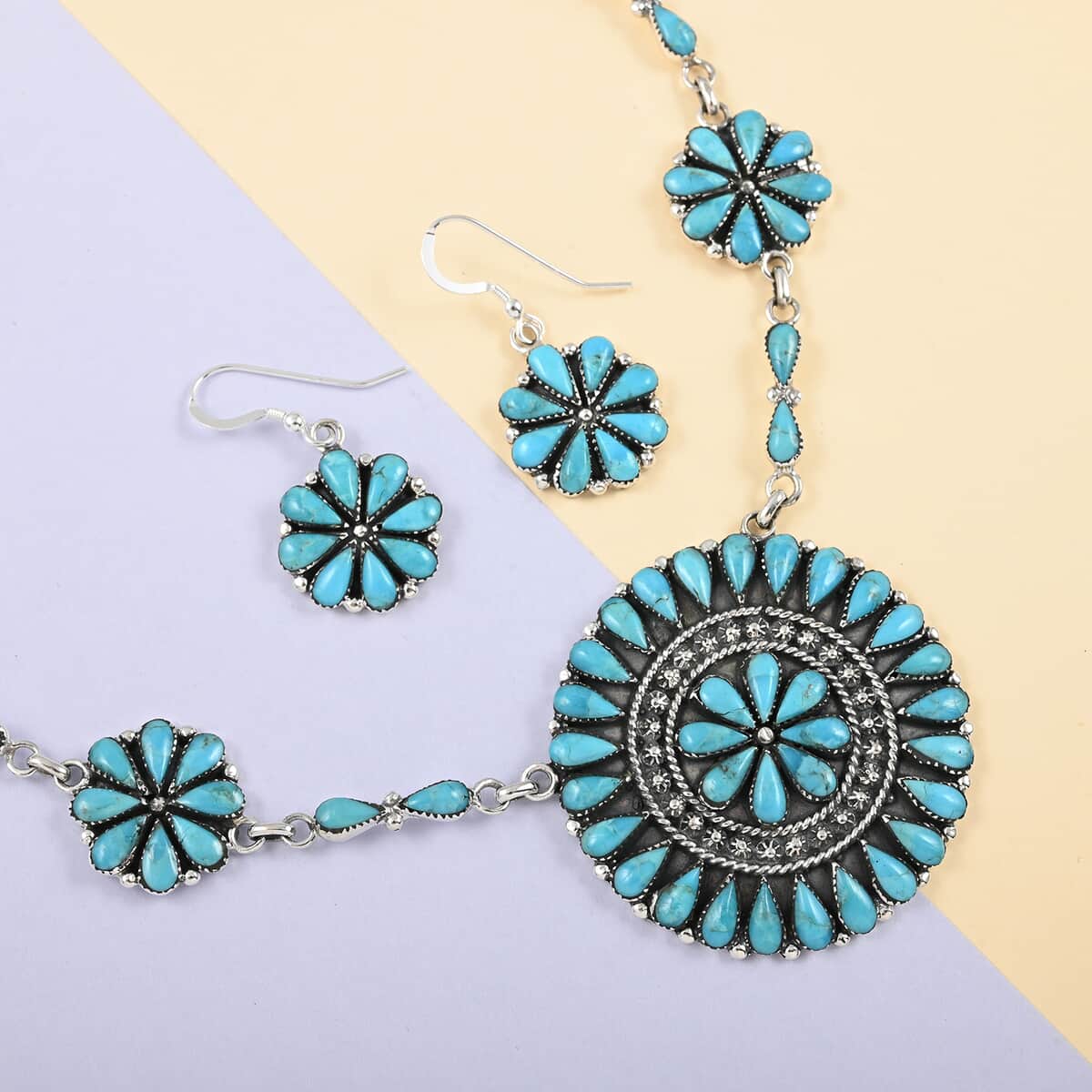 SANTA FE Style Kingman Turquoise Flower Inspired Dangle Earrings and Statement Necklace 18 Inches in Sterling Silver 46.50 Grams 72.50 ctw image number 1