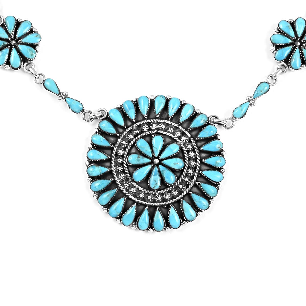 SANTA FE Style Kingman Turquoise Flower Inspired Dangle Earrings and Statement Necklace 18 Inches in Sterling Silver 46.50 Grams 72.50 ctw image number 2