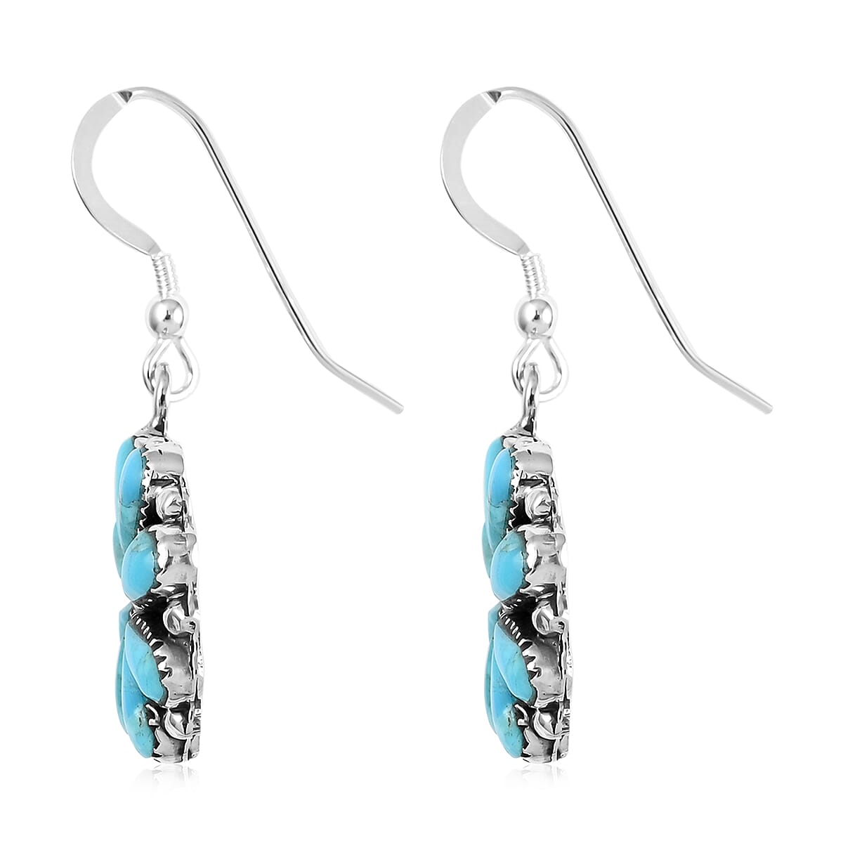 Santa Fe Style Kingman Turquoise Flower Inspired Dangle Earrings and Statement Necklace 18 Inches in Sterling Silver 46.50 Grams 72.50 ctw