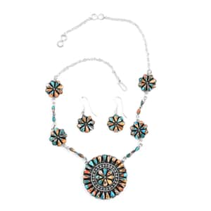 Santa Fe Style Spiny Turquoise Flower Inspired Dangle Earrings and Statement Necklace 18 Inches in Sterling Silver 36.25 ctw