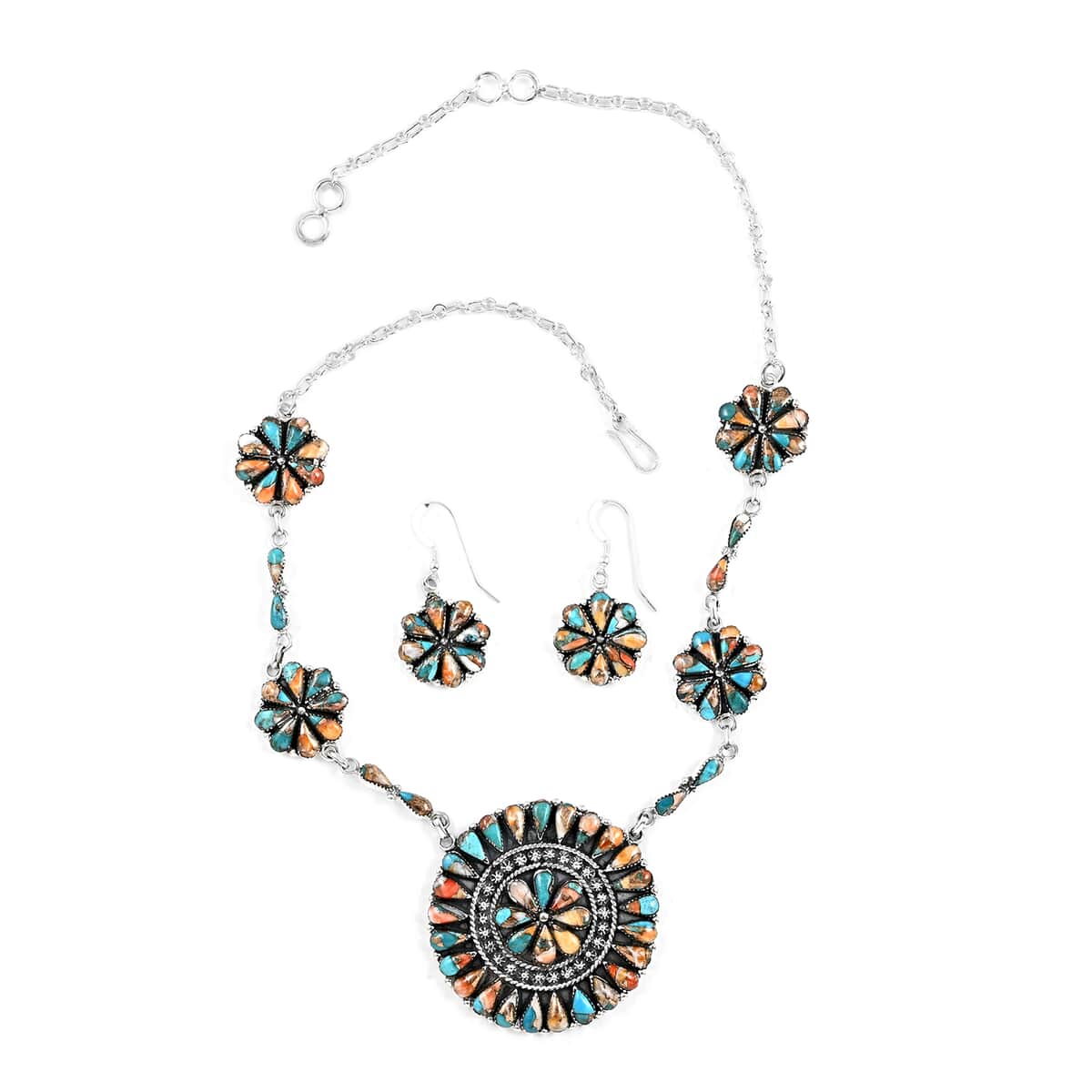 Santa Fe Style Spiny Turquoise Flower Inspired Dangle Earrings and Statement Necklace 18 Inches in Sterling Silver 36.25 ctw image number 0
