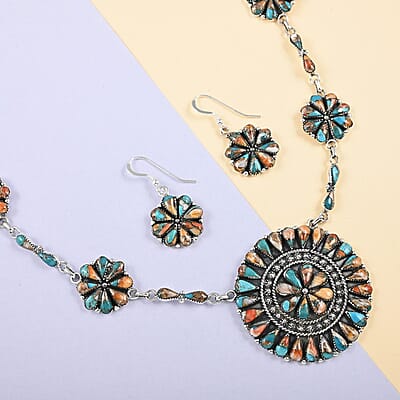 Santa Fe Style Spiny Turquoise Flower Inspired Dangle Earrings and Statement Necklace 18 Inches in Sterling Silver 36.25 ctw