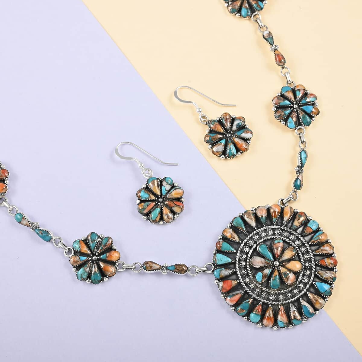 Santa Fe Style Spiny Turquoise Flower Inspired Dangle Earrings and Statement Necklace 18 Inches in Sterling Silver 36.25 ctw image number 1