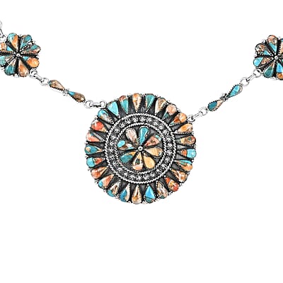 Santa Fe Style Spiny Turquoise Flower Inspired Dangle Earrings and Statement Necklace 18 Inches in Sterling Silver 36.25 ctw