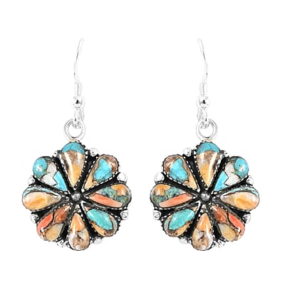 Santa Fe Style Spiny Turquoise Flower Inspired Dangle Earrings and Statement Necklace 18 Inches in Sterling Silver 36.25 ctw
