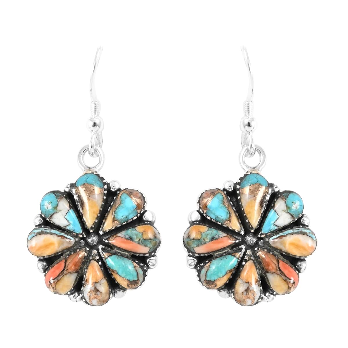 Santa Fe Style Spiny Turquoise Flower Inspired Dangle Earrings and Statement Necklace 18 Inches in Sterling Silver 36.25 ctw image number 4