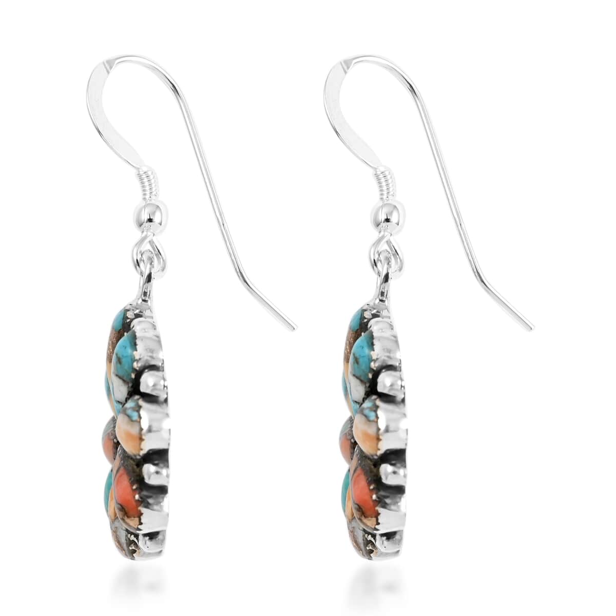 Santa Fe Style Spiny Turquoise Flower Inspired Dangle Earrings and Statement Necklace 18 Inches in Sterling Silver 36.25 ctw image number 5