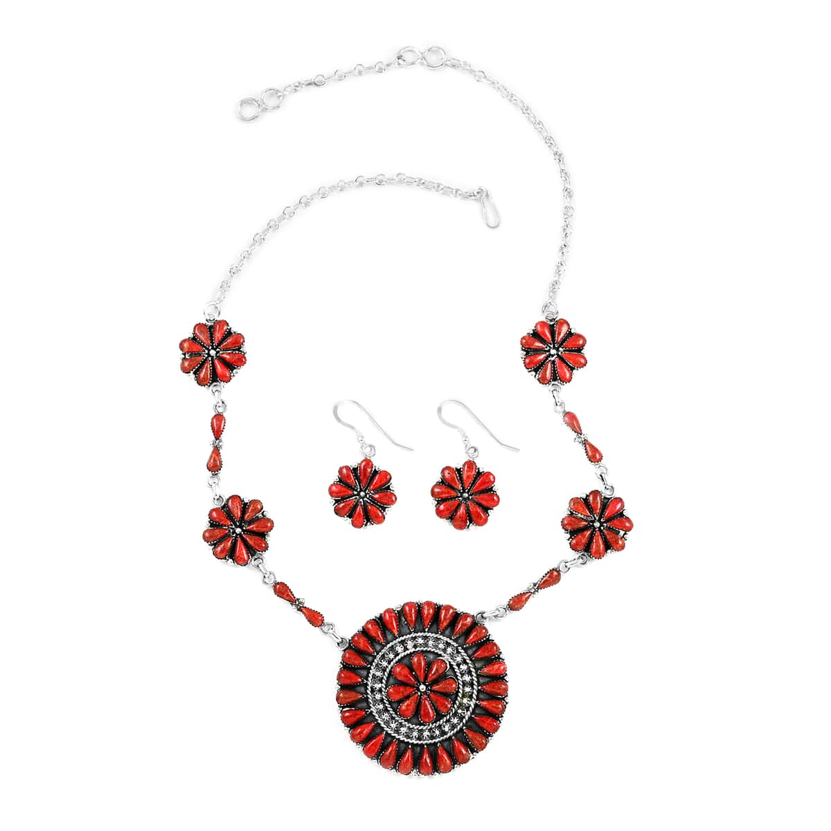 Santa Fe Style Coral Flower Inspired Dangle Earrings and Statement Necklace 18 Inches in Sterling Silver image number 0