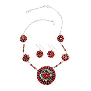Santa Fe Style Coral Flower Inspired Dangle Earrings and Statement Necklace 18 Inches in Sterling Silver