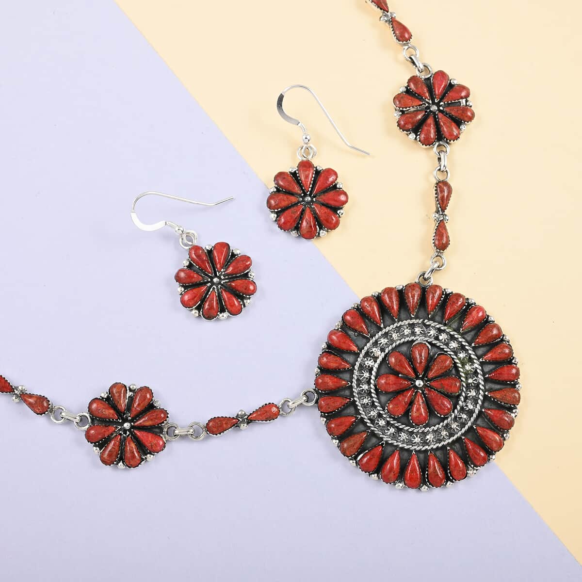 Santa Fe Style Coral Flower Inspired Dangle Earrings and Statement Necklace 18 Inches in Sterling Silver image number 1