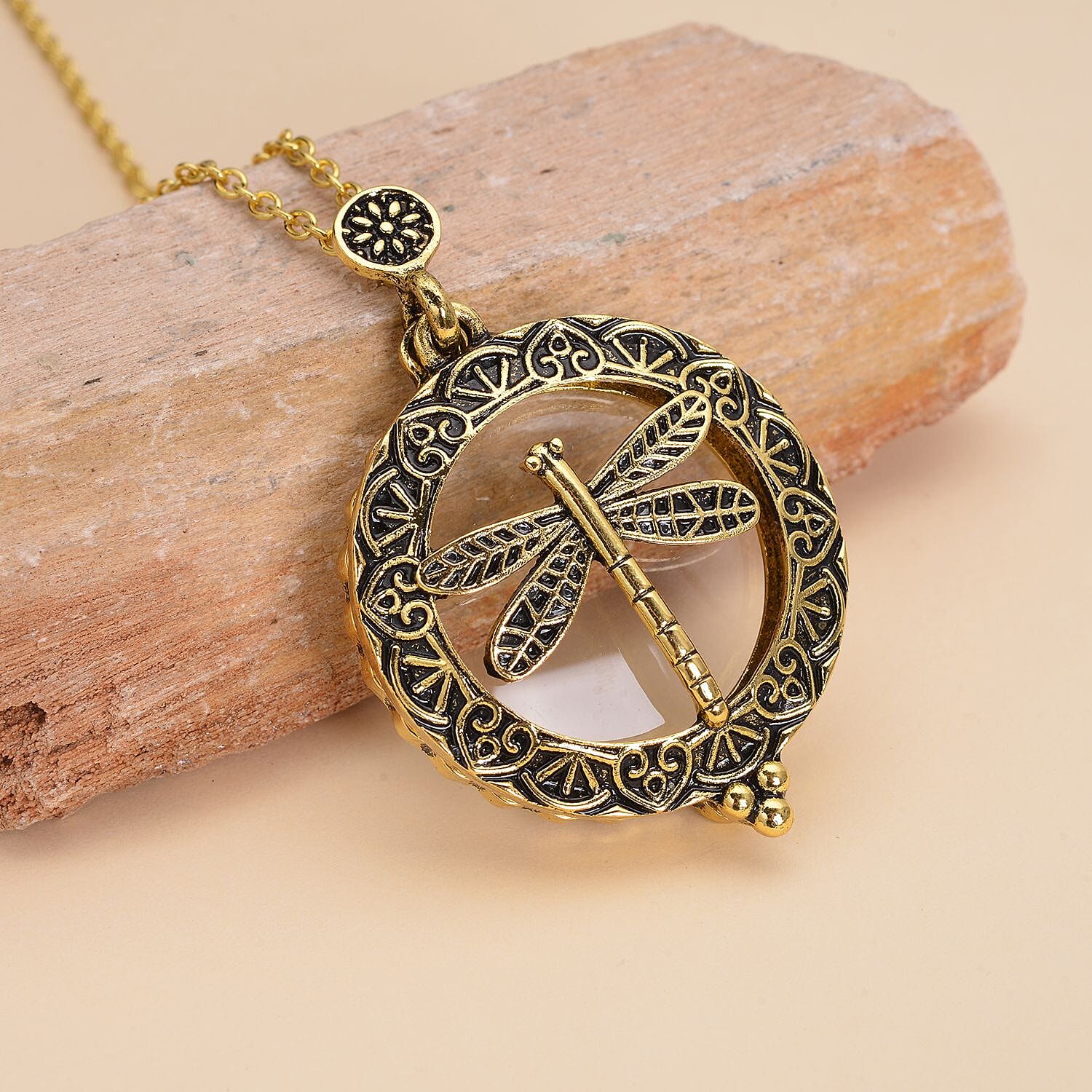 Dragonfly Inspired Magnifying Glass Pendant Necklace 28-30 Inches in Goldtone