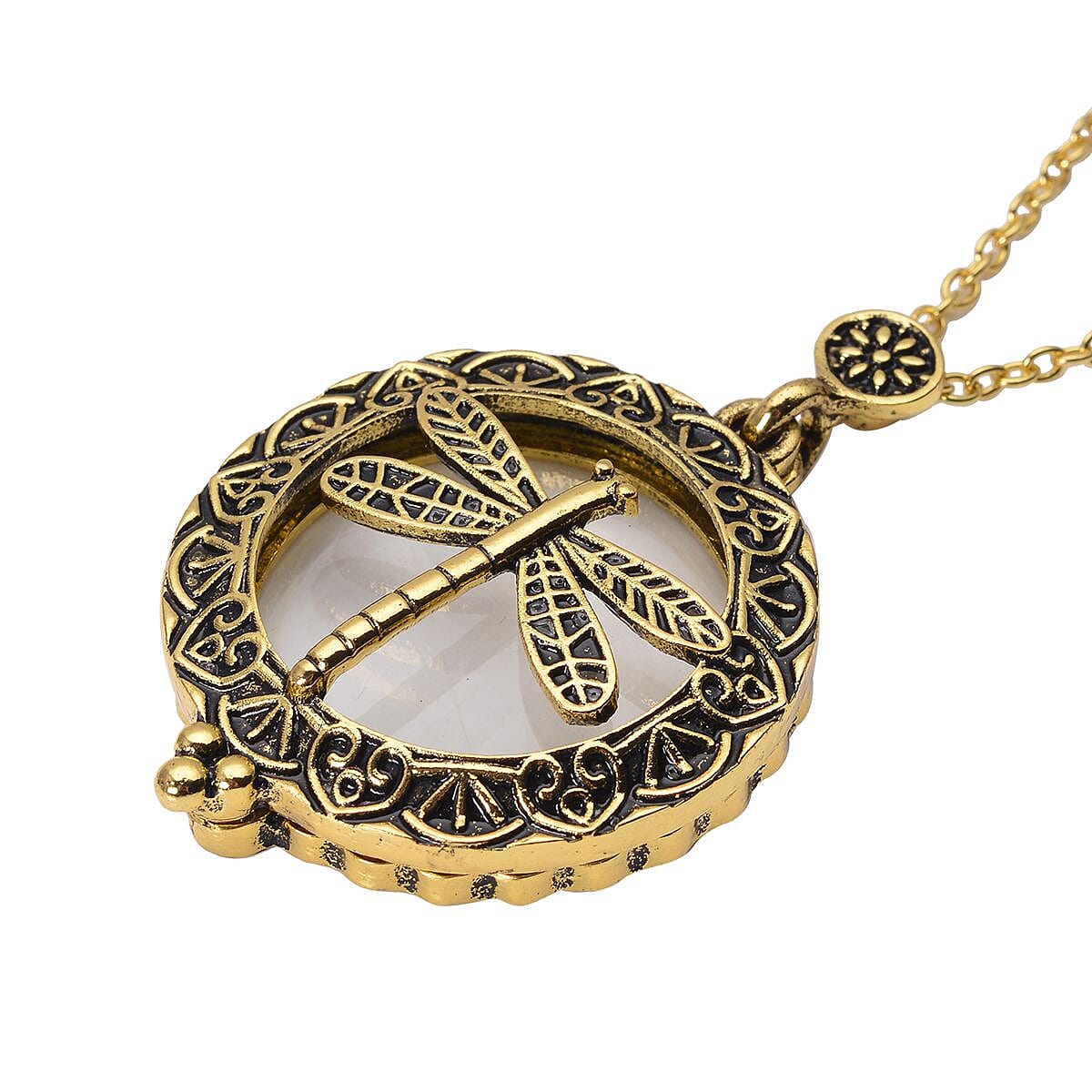 Dragonfly Inspired Magnifying Glass Pendant Necklace 28-30 Inches in Goldtone