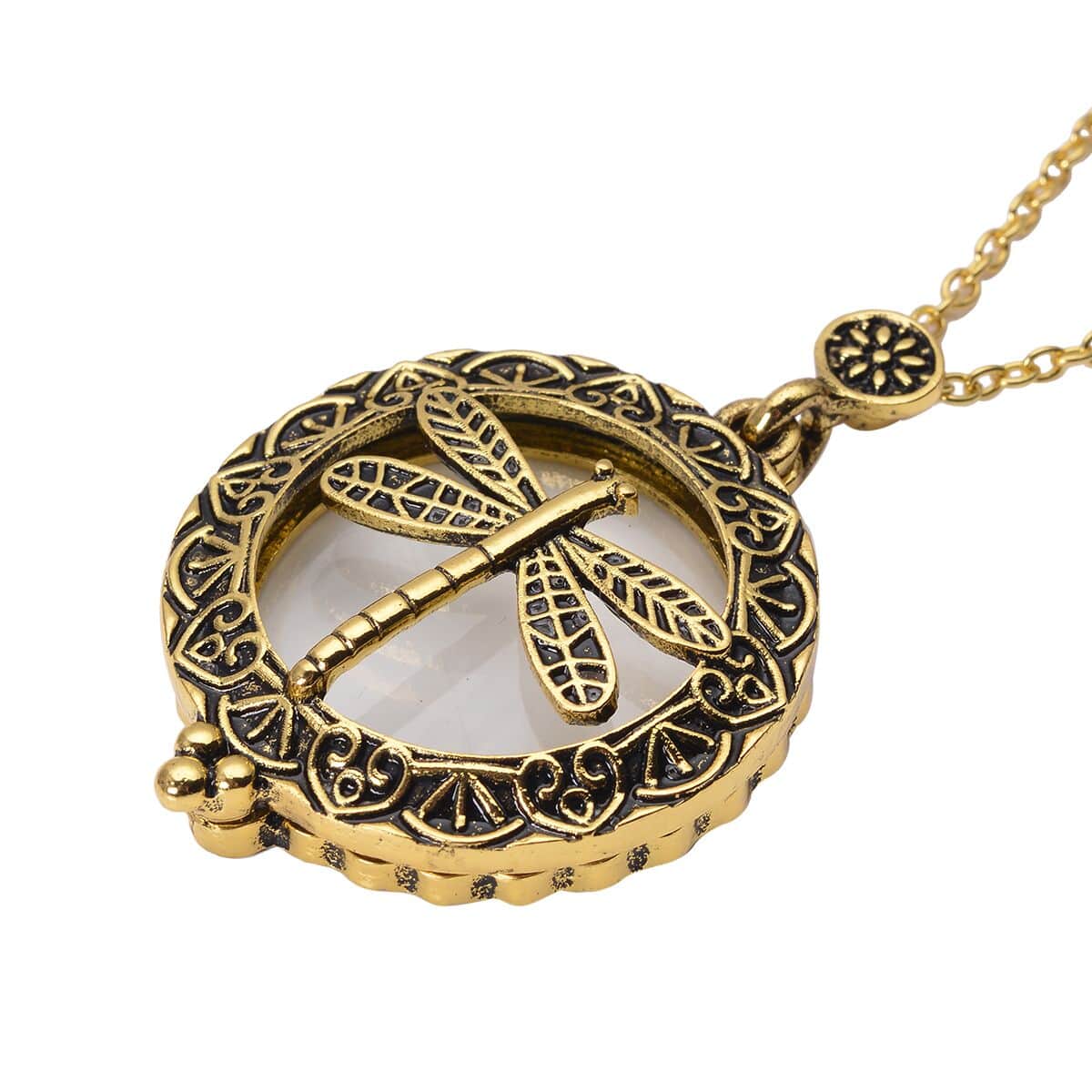 Dragonfly Inspired Magnifying Glass Pendant Necklace 28-30 Inches in Goldtone image number 3