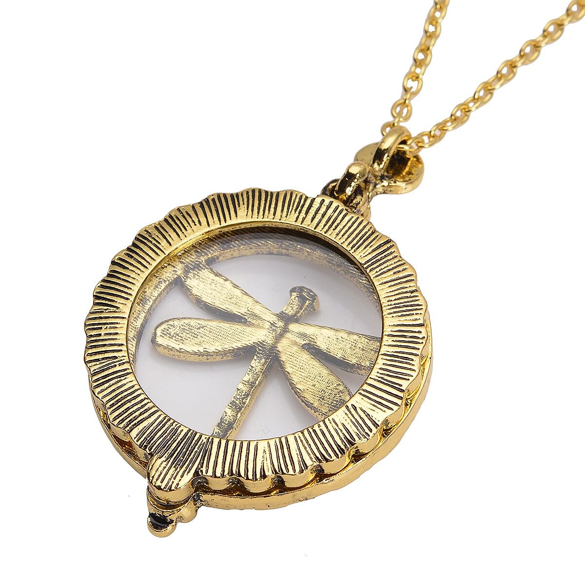 Dragonfly Inspired Magnifying Glass Pendant Necklace 28-30 Inches in Goldtone