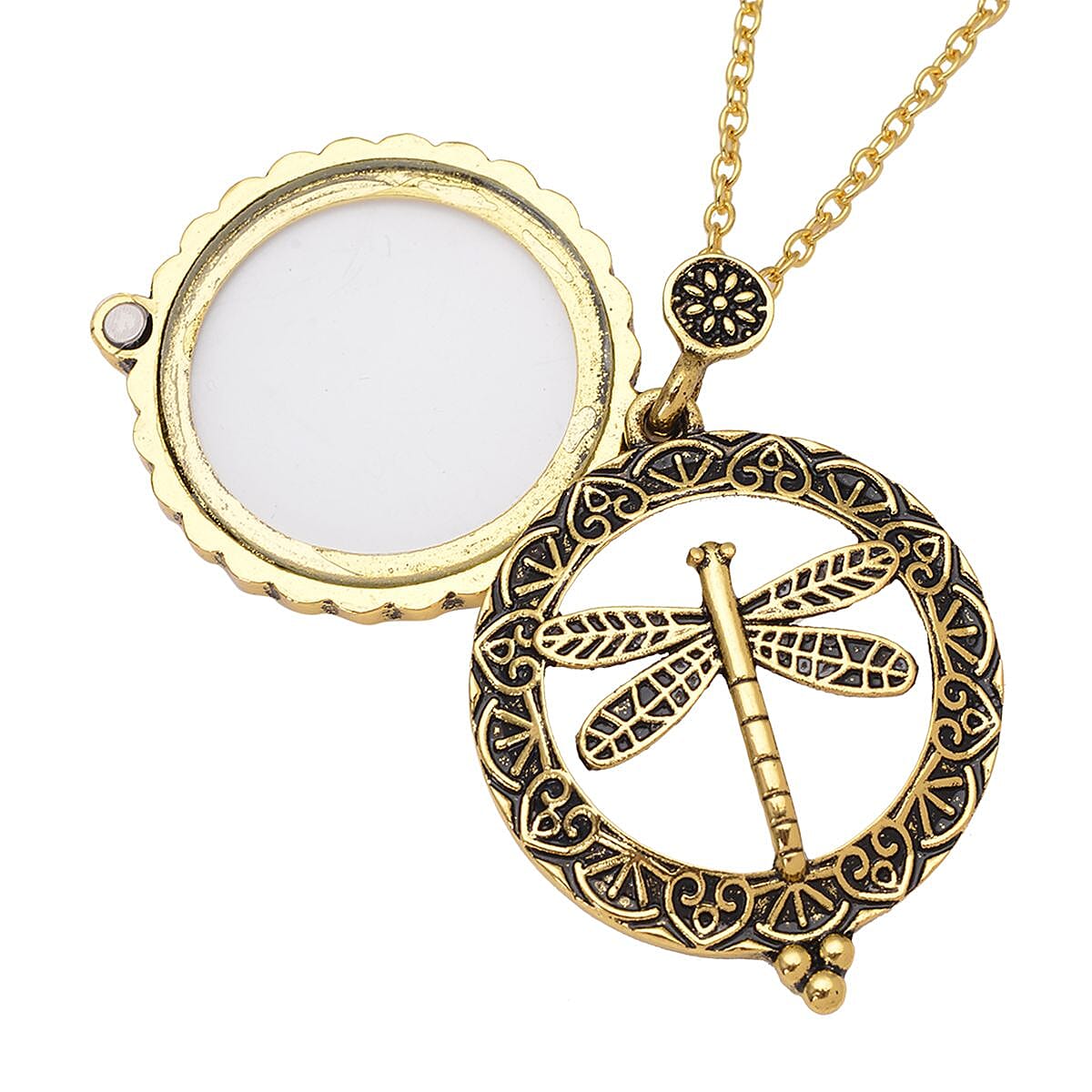 Dragonfly Inspired Magnifying Glass Pendant Necklace 28-30 Inches in Goldtone