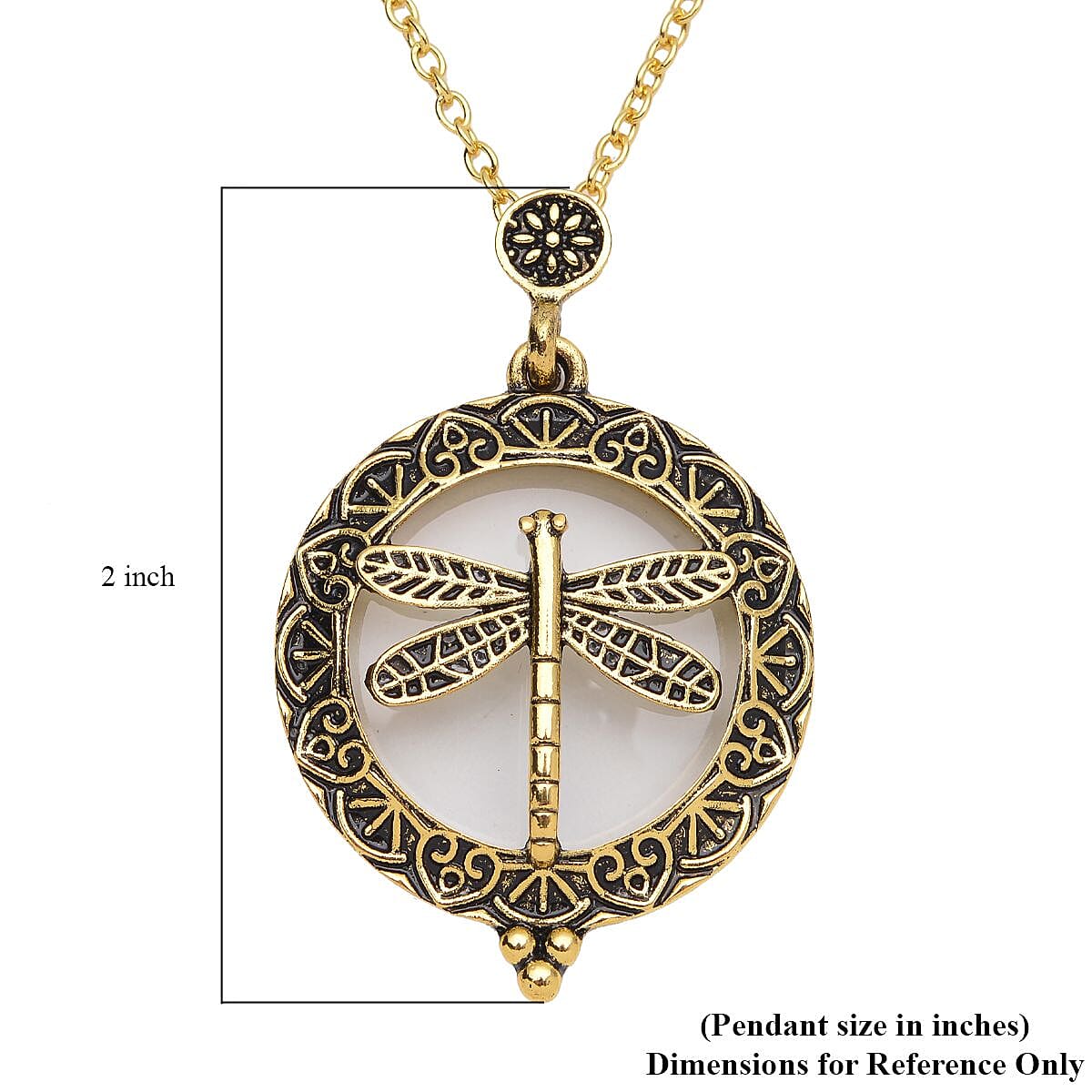 Dragonfly Inspired Magnifying Glass Pendant Necklace 28-30 Inches in Goldtone