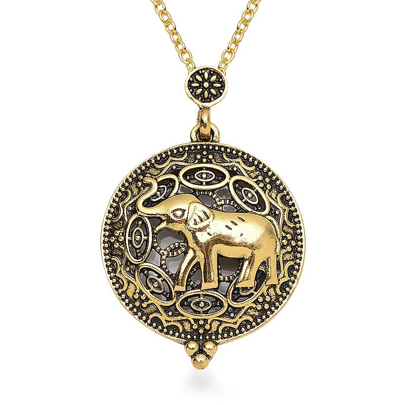 Elephant Inspired Magnifying Glass Pendant Necklace 28-30 Inches in Goldtone