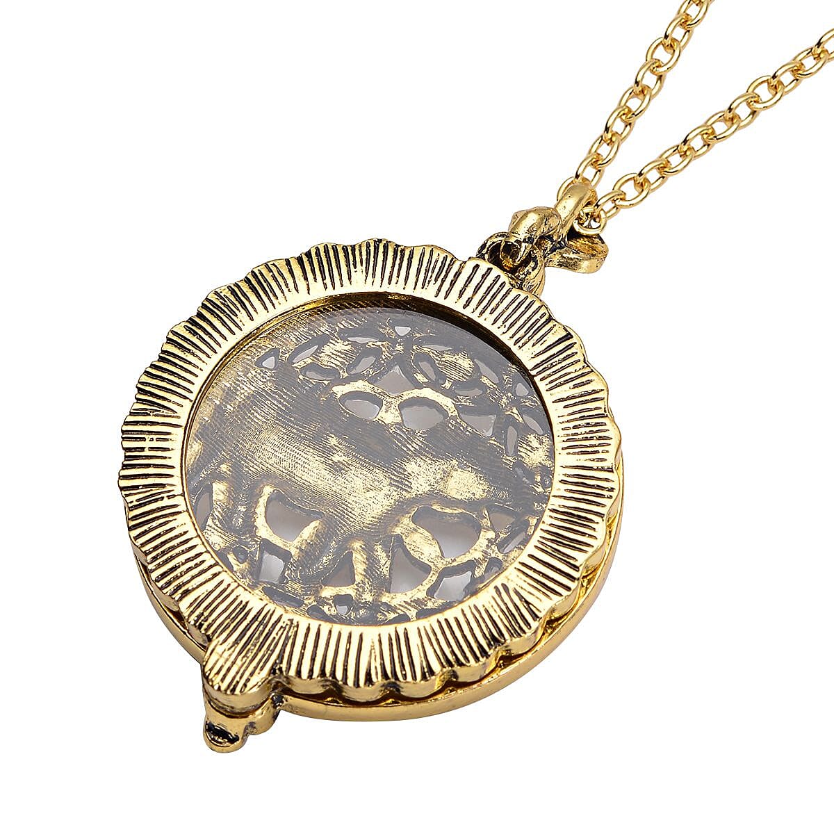 Elephant Inspired Magnifying Glass Pendant Necklace 28-30 Inches in Goldtone image number 4