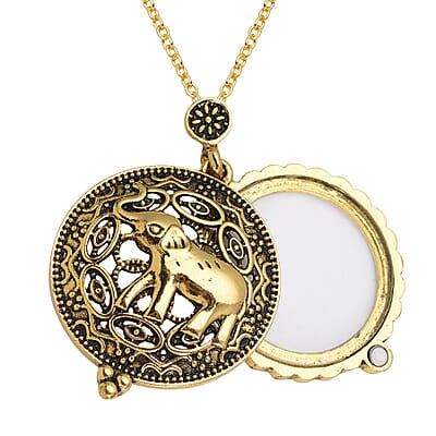 Elephant Inspired Magnifying Glass Pendant Necklace 28-30 Inches in Goldtone