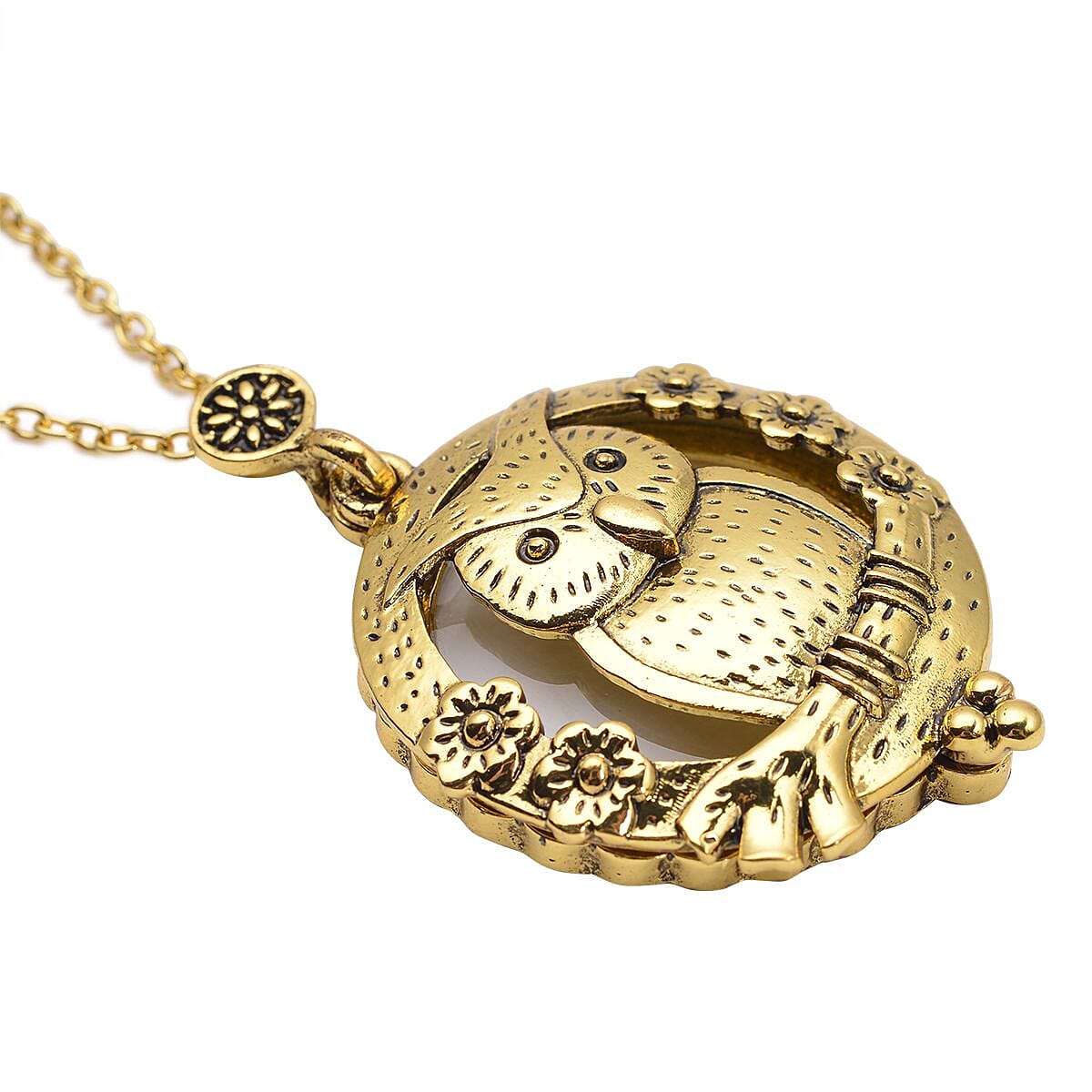 Owl Inspired Magnifying Glass Pendant Necklace 28-30 Inches in Goldtone image number 3