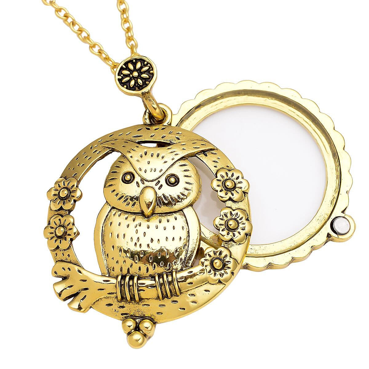 Owl Inspired Magnifying Glass Pendant Necklace 28-30 Inches in Goldtone image number 5