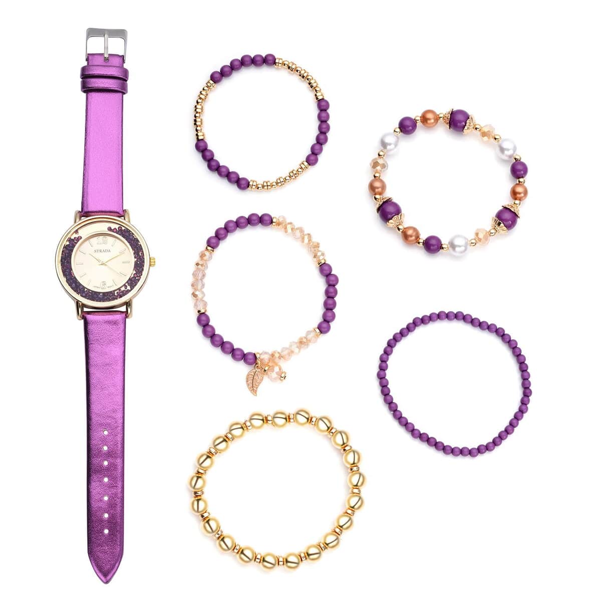 STRADA Purple Crystal Japanese Movement Watch with Purple Faux Leather Strap (40mm) and Set of 5 Golden Glass & Multi Color Resin Beaded Stretch Bracelet image number 0