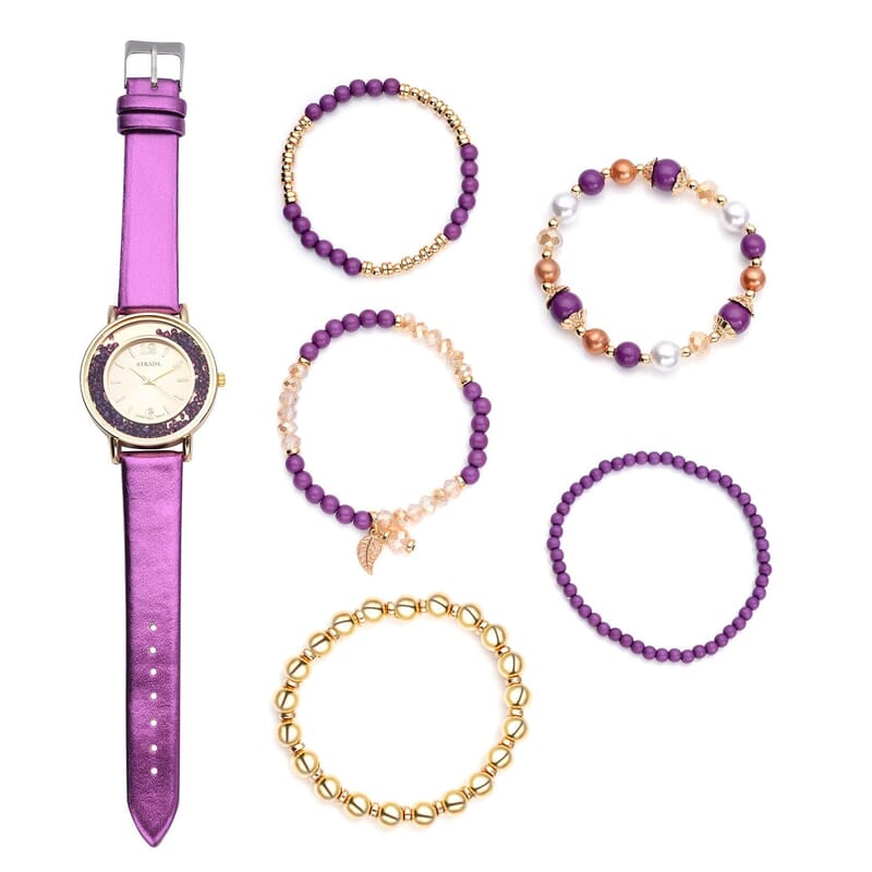 Strada Purple Crystal Japanese Movement Watch with Purple Faux Leather Strap (40mm) (5.25-7In) and Set of 5 Golden with Multi Beaded Stretch Bracelet