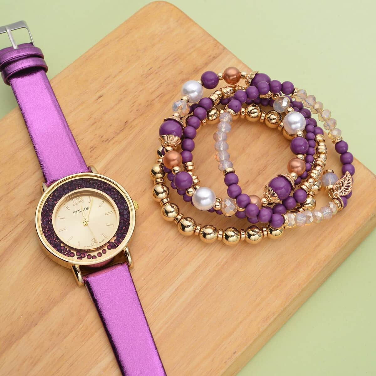 STRADA Purple Crystal Japanese Movement Watch with Purple Faux Leather Strap (40mm) and Set of 5 Golden Glass & Multi Color Resin Beaded Stretch Bracelet image number 1