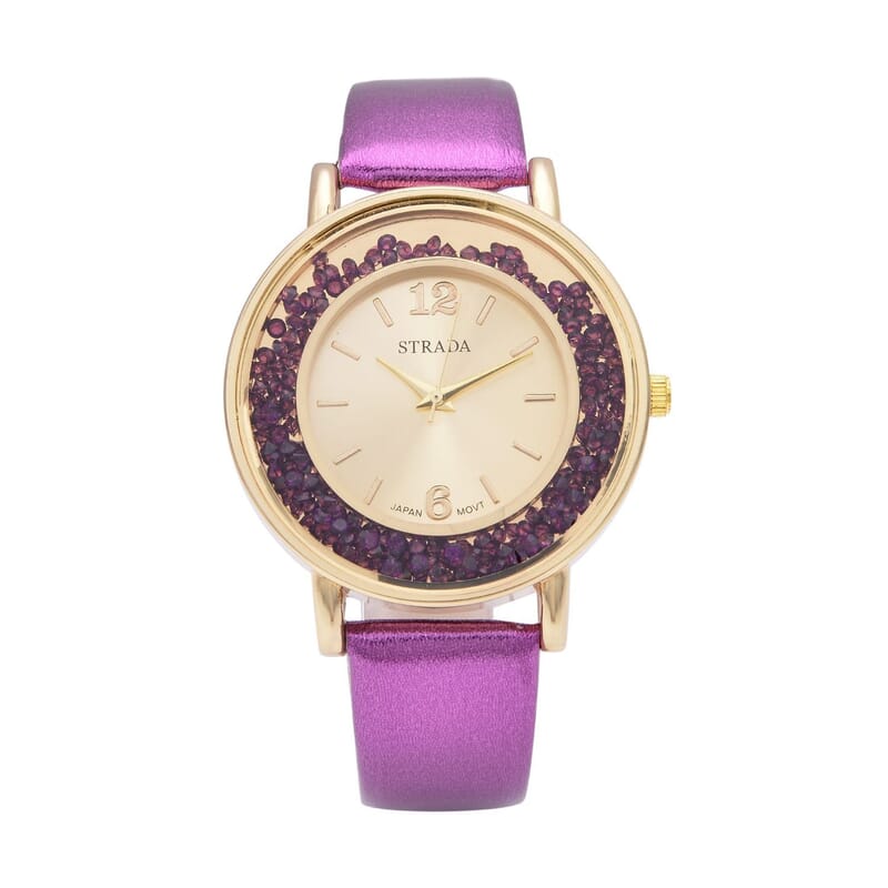 Strada Purple Crystal Japanese Movement Watch with Purple Faux Leather Strap (40mm) (5.25-7In) and Set of 5 Golden with Multi Beaded Stretch Bracelet