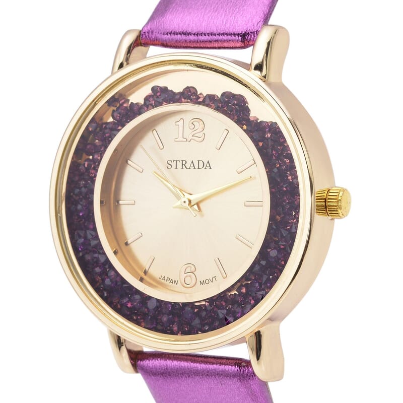 Strada Purple Crystal Japanese Movement Watch with Purple Faux Leather Strap (40mm) (5.25-7In) and Set of 5 Golden with Multi Beaded Stretch Bracelet