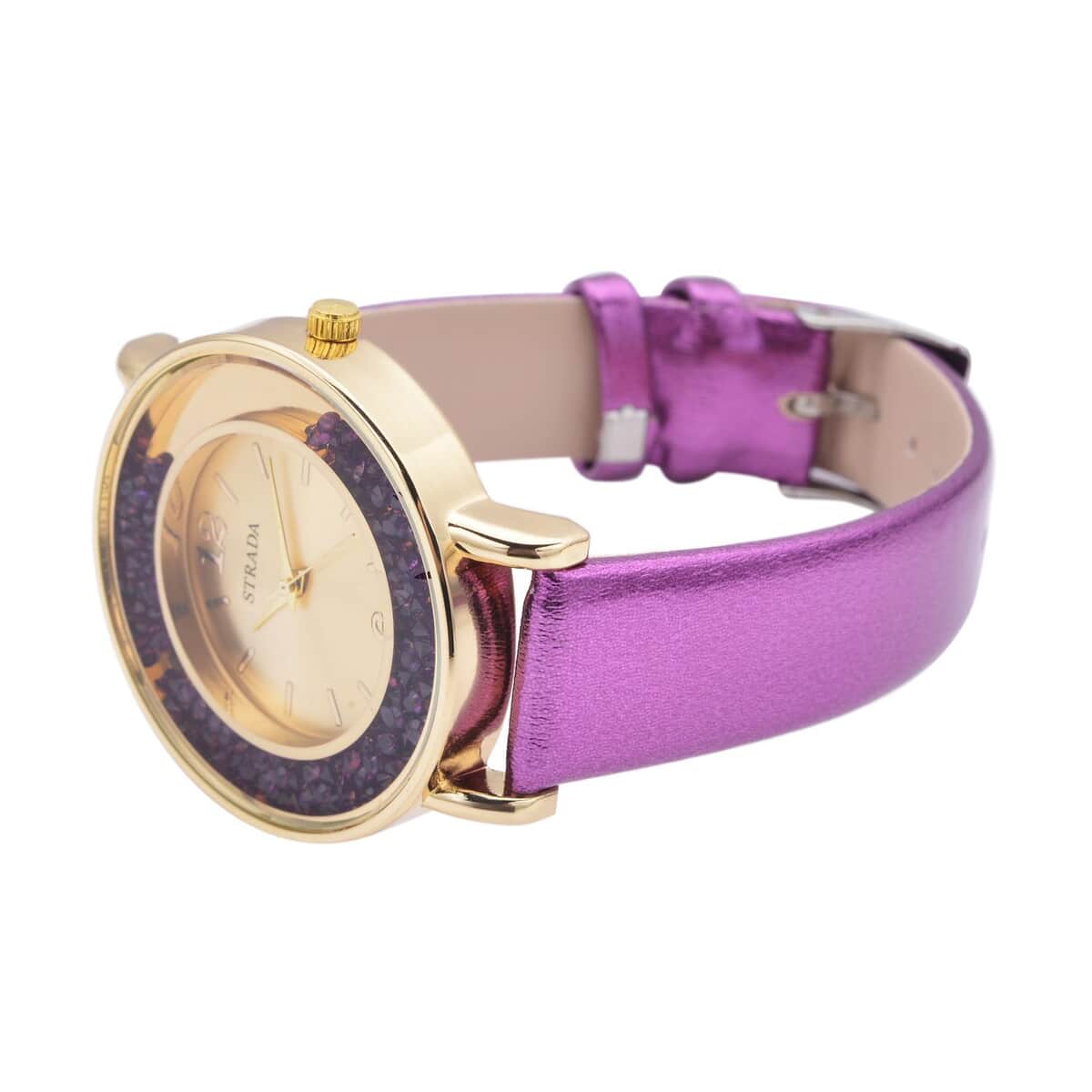 STRADA Purple Crystal Japanese Movement Watch with Purple Faux Leather Strap (40mm) and Set of 5 Golden Glass & Multi Color Resin Beaded Stretch Bracelet image number 4