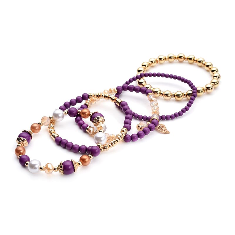 Strada Purple Crystal Japanese Movement Watch with Purple Faux Leather Strap (40mm) (5.25-7In) and Set of 5 Golden with Multi Beaded Stretch Bracelet