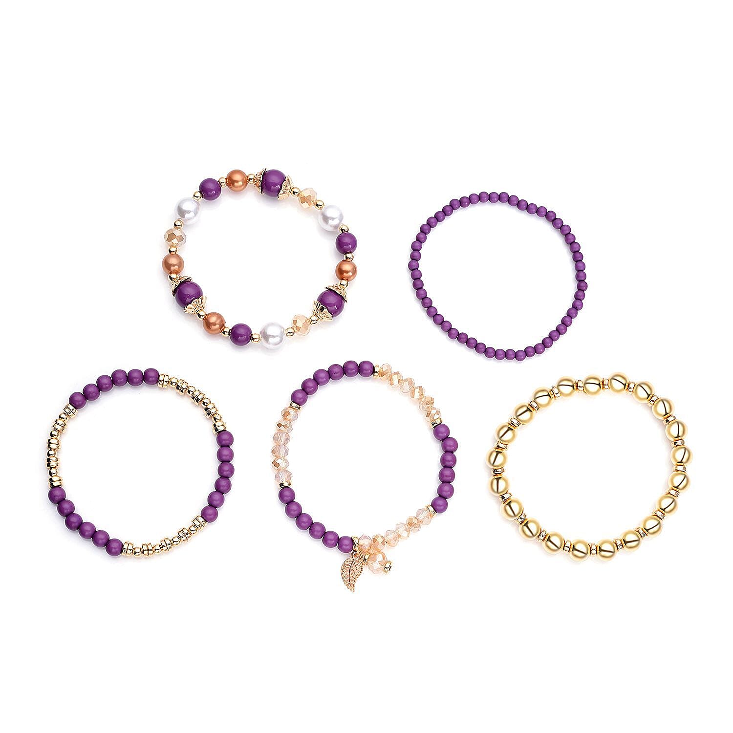 Strada Purple Crystal Japanese Movement Watch with Purple Faux Leather Strap (40mm) (5.25-7In) and Set of 5 Golden with Multi Beaded Stretch Bracelet