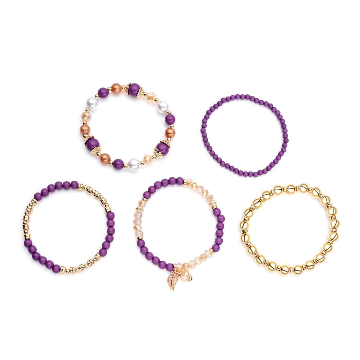 STRADA Purple Crystal Japanese Movement Watch with Purple Faux Leather Strap (40mm) and Set of 5 Golden Glass & Multi Color Resin Beaded Stretch Bracelet image number 6