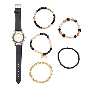 Strada Black Crystal Japanese Movement Watch with Black Faux Leather Strap (40mm) (5.25-7In) and Set of 5 Black with Multi Beaded Stretch Bracelet