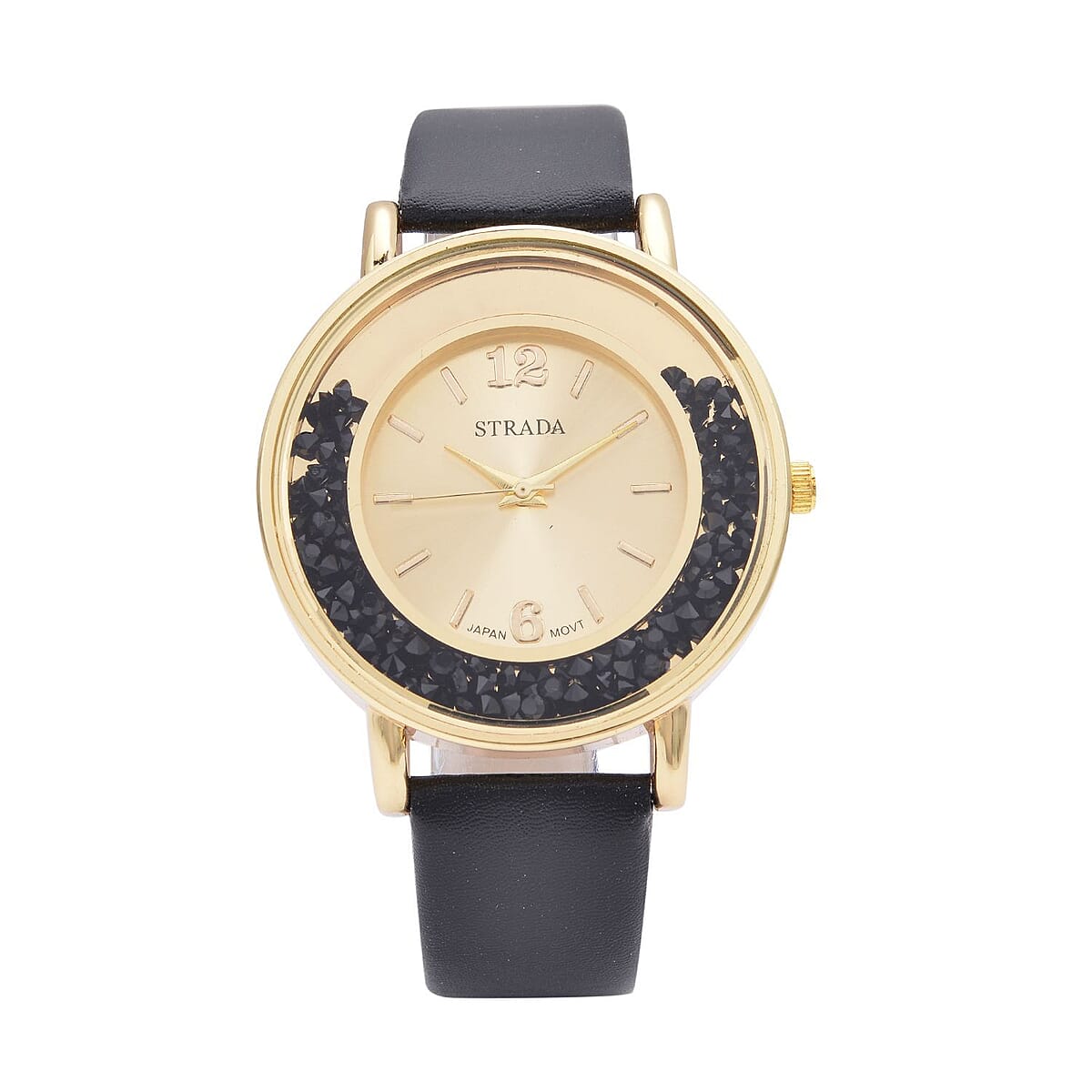 Strada Black Crystal Japanese Movement Watch with Black Faux Leather Strap (40mm) (5.25-7In) and Set of 5 Black with Multi Beaded Stretch Bracelet image number 2