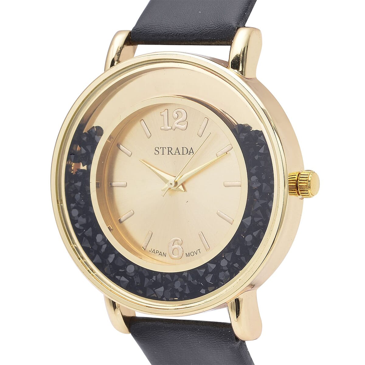 Strada Black Crystal Japanese Movement Watch with Black Faux Leather Strap (40mm) (5.25-7In) and Set of 5 Black with Multi Beaded Stretch Bracelet image number 3