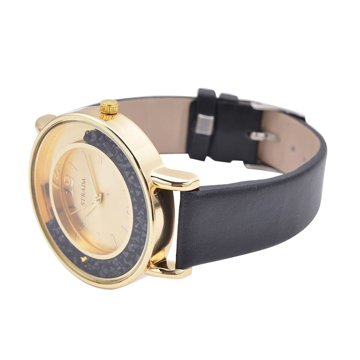 Strada Black Crystal Japanese Movement Watch with Black Faux Leather Strap (40mm) (5.25-7In) and Set of 5 Black with Multi Beaded Stretch Bracelet image number 4